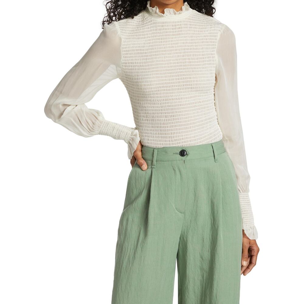 RAG & BONE Kayden Sheer Smocked Blouse Light Dove Long Sleeve Women's XL